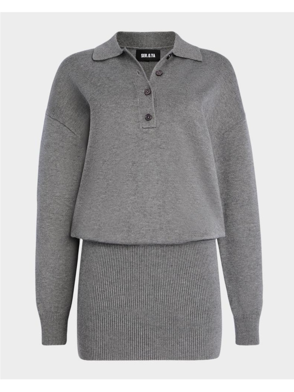 SER.O.YA Grey Knit Polo Sweater Dress with Ribbed Skirt
